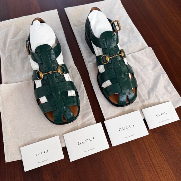 Gucci Exotics Men’s Emerald Green Ostrich Leather Fisherman Sandals Size 10 NWT - Picture 6 of 16